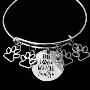 True Love Has Four Paws Jewelry Paw Print Expandable Charm Bracelet Adjustable Silver Wire Bangle Dog Cat Pet Animal Lover One Size Fits All Gift