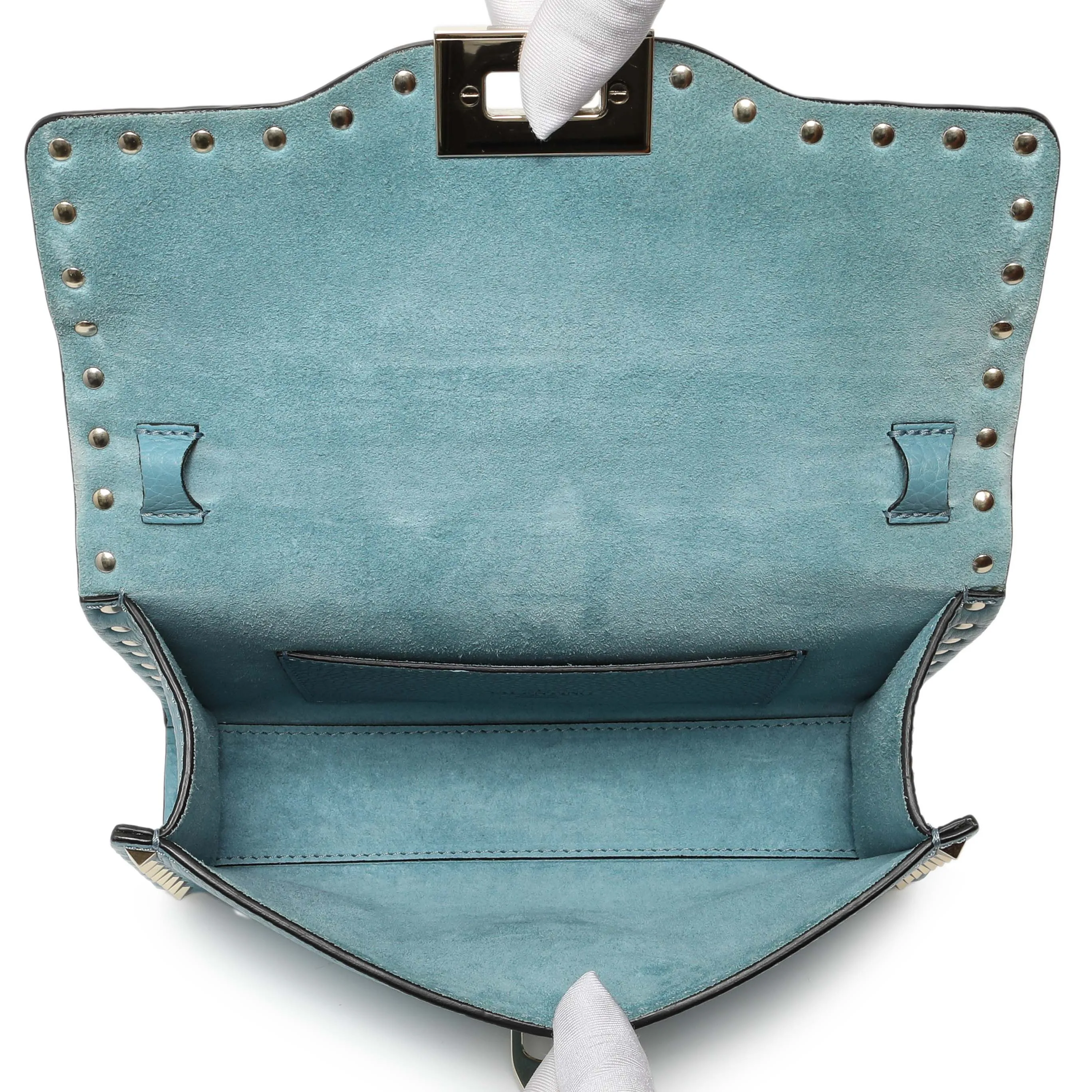 Valentino Blue Pebbled Calfskin Medium Rockstud Flip Lock Crossbody Bag