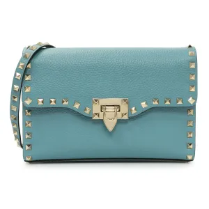 Valentino Blue Pebbled Calfskin Medium Rockstud Flip Lock Crossbody Bag
