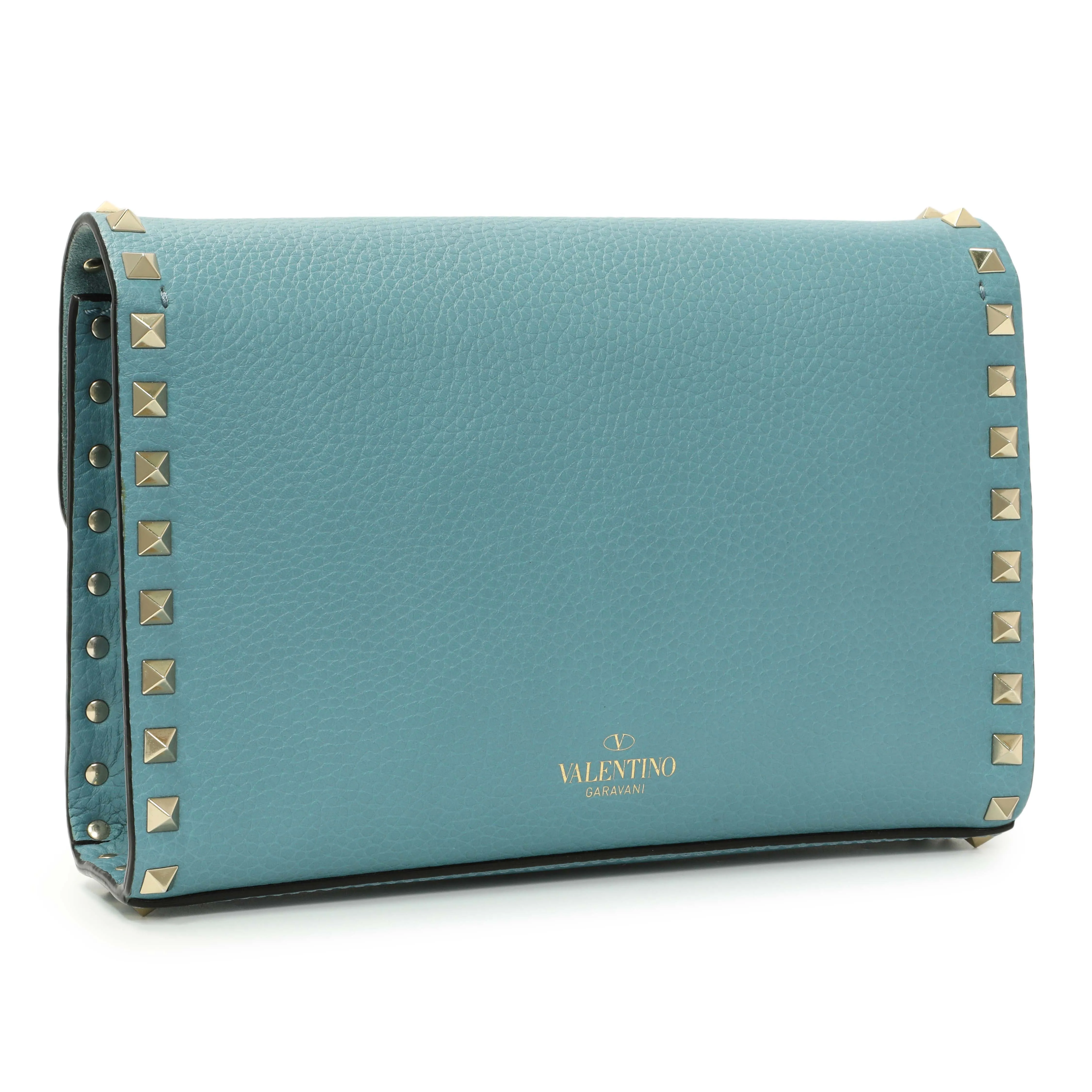 Valentino Blue Pebbled Calfskin Medium Rockstud Flip Lock Crossbody Bag