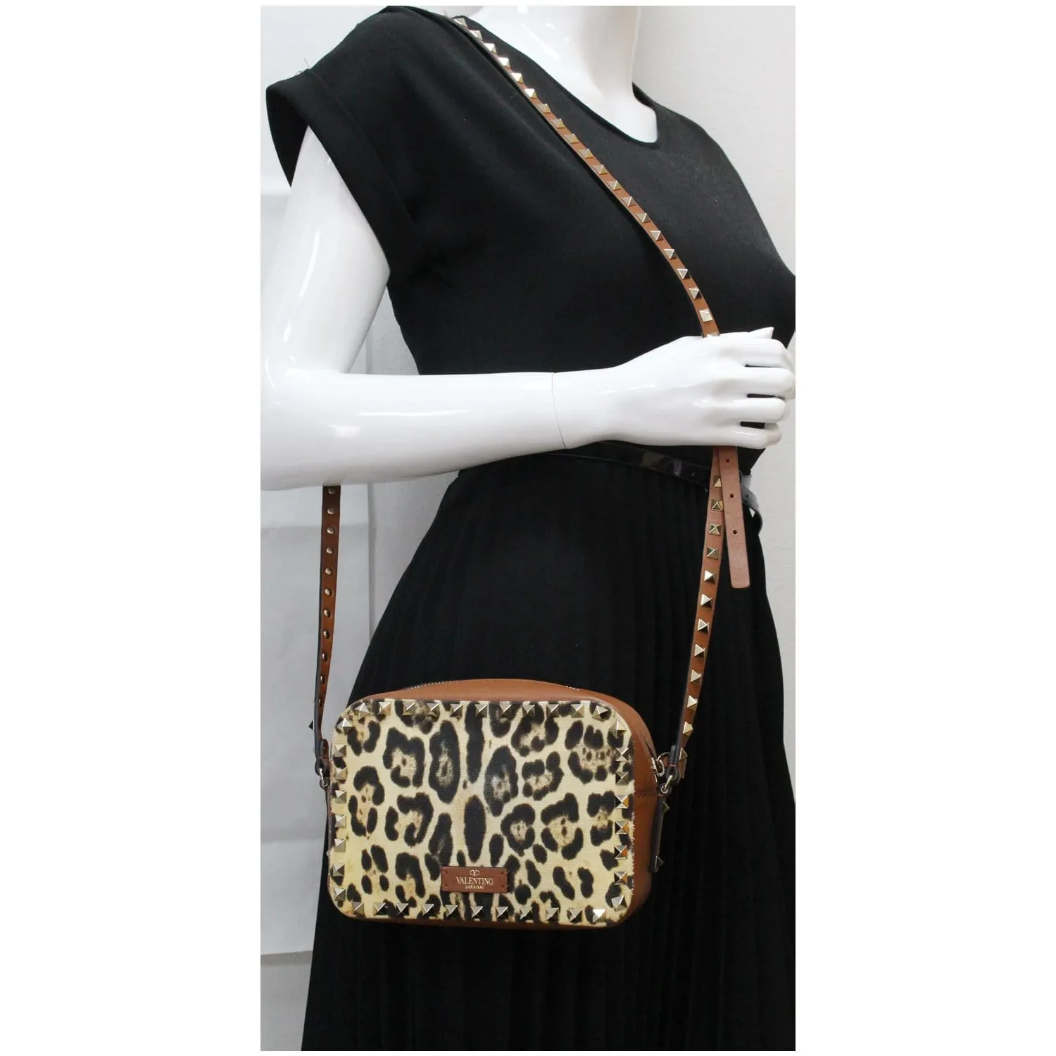 VALENTINO Rockstud Leopard Canvas Leather Camera Bag Selleria