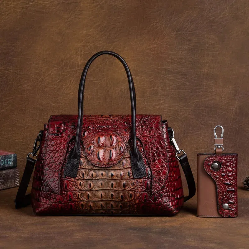 Women’s Croc Embossed Leather Handbag Crossbody Bag - Brown/Green/Red