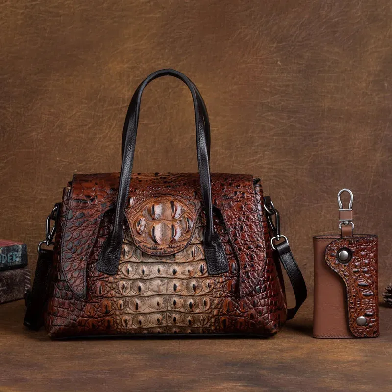 Women’s Croc Embossed Leather Handbag Crossbody Bag - Brown/Green/Red