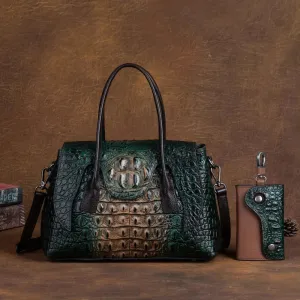 Women’s Croc Embossed Leather Handbag Crossbody Bag - Brown/Green/Red