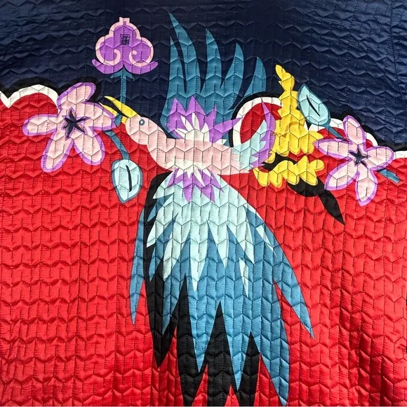 Women’s quilted coat red blue bird flower’s unique bright multi colorful design