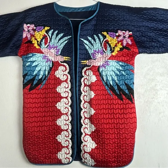 Women’s quilted coat red blue bird flower’s unique bright multi colorful design