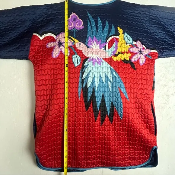 Women’s quilted coat red blue bird flower’s unique bright multi colorful design