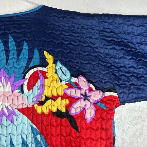 Women’s quilted coat red blue bird flower’s unique bright multi colorful design