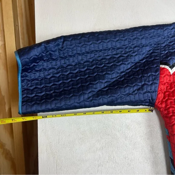 Women’s quilted coat red blue bird flower’s unique bright multi colorful design