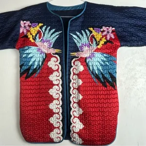 Women’s quilted coat red blue bird flower’s unique bright multi colorful design