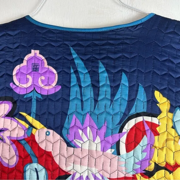 Women’s quilted coat red blue bird flower’s unique bright multi colorful design