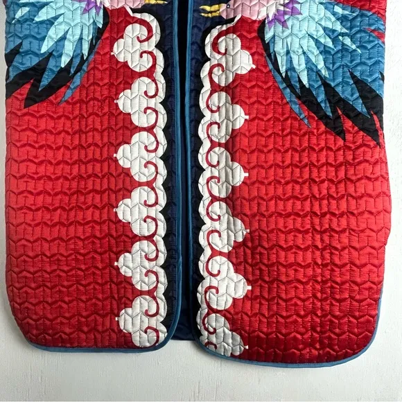 Women’s quilted coat red blue bird flower’s unique bright multi colorful design