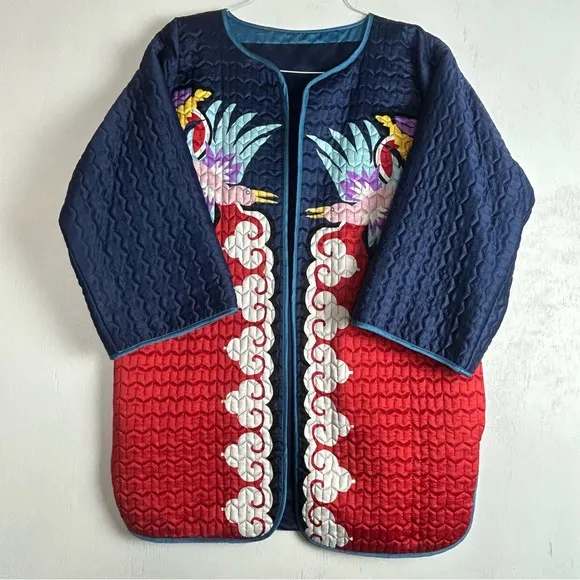 Women’s quilted coat red blue bird flower’s unique bright multi colorful design