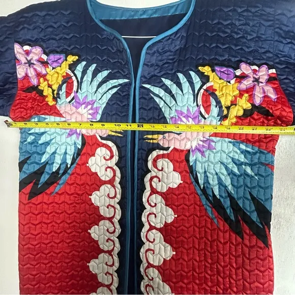 Women’s quilted coat red blue bird flower’s unique bright multi colorful design