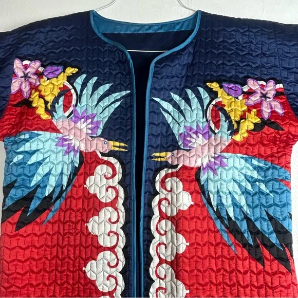 Women’s quilted coat red blue bird flower’s unique bright multi colorful design