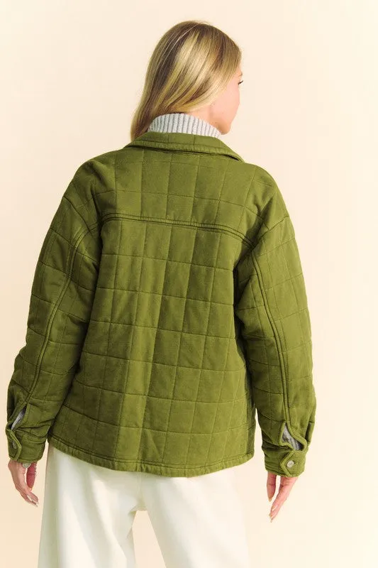Yellow/Green Quilted Button Down Shacket with Chest Pockets