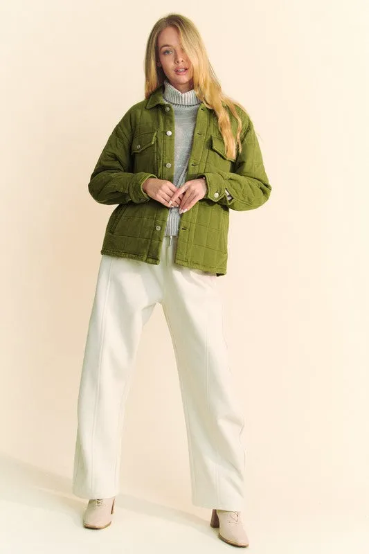 Yellow/Green Quilted Button Down Shacket with Chest Pockets