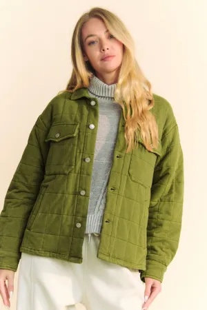 Yellow/Green Quilted Button Down Shacket with Chest Pockets
