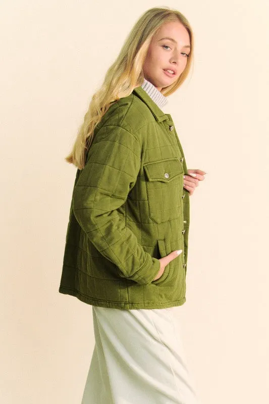 Yellow/Green Quilted Button Down Shacket with Chest Pockets