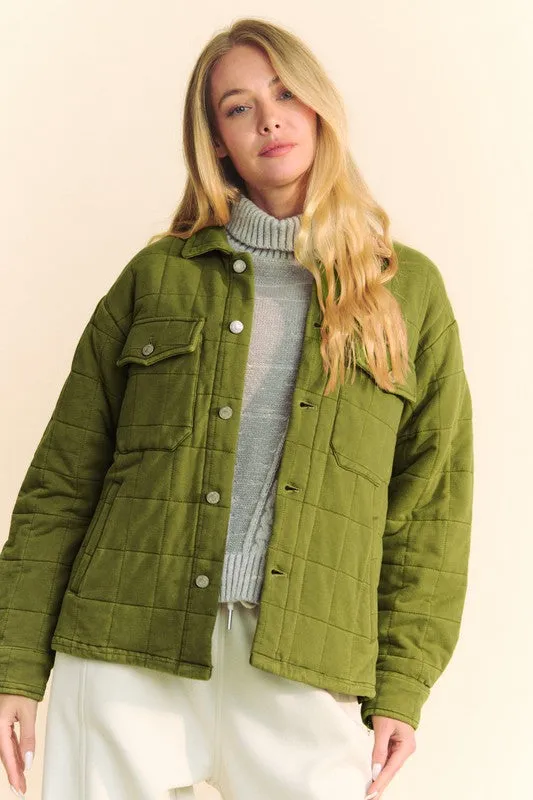 Yellow/Green Quilted Button Down Shacket with Chest Pockets