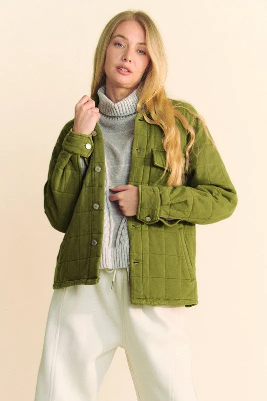Yellow/Green Quilted Button Down Shacket with Chest Pockets