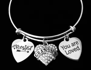 You are Loved Grandma Jewelry Blessed Expandable Charm Bracelet Silver Adjustable Bangle One Size Fits All Gift Bling Crystal Heart