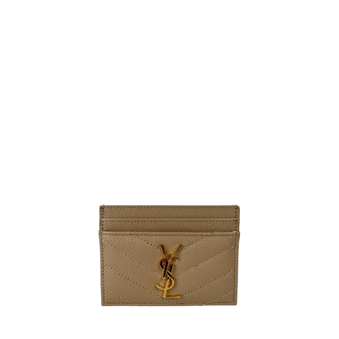 YSL Cassandre Grain de Poudre Leather Card Case - Beige
