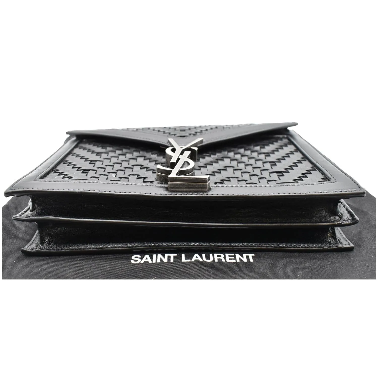 YVES SAINT LAURENT Cassandra Medium Woven Leather Chain Shoulder Bag Black