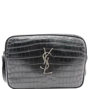 YVES SAINT LAURENT Lou Crocodile Embossed Leather Camera Crossbody Bag Black