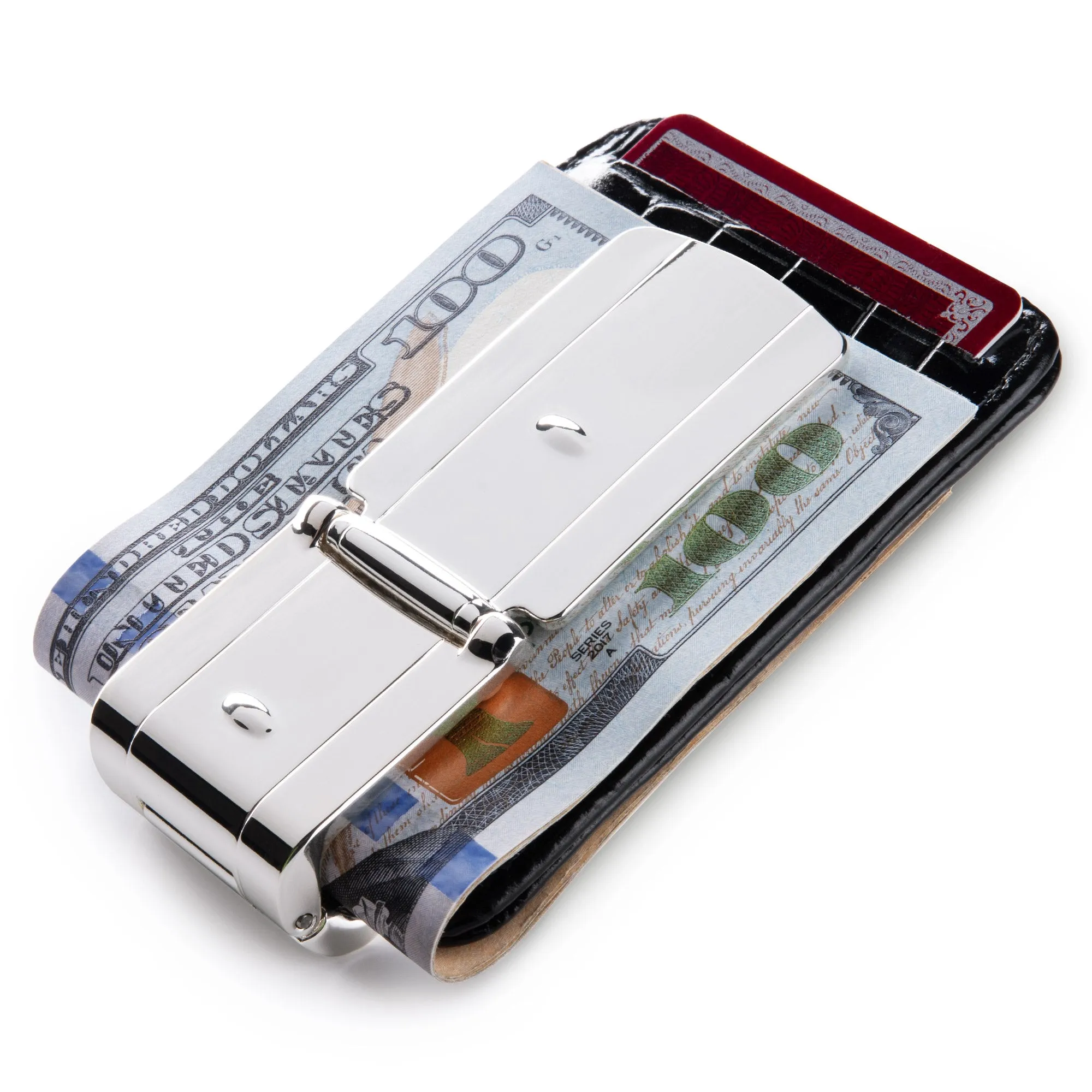 Zurich Silver MoneyClamp® with Black Crocodile Wallet